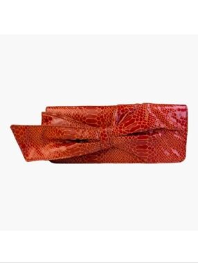 Nine West Reptile Embossed Orange Bow Clutch Purse Evening Bag | Satin Lined